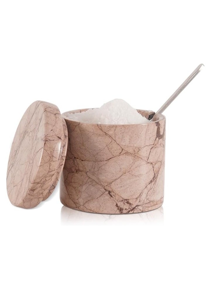 Marble Salt Cellar With Spoon 3'' Inches Marinara Handmade Salt Holder With Lid Kitchen Storage Accessories - Salt Container & Sugar Bowl, Spice Seasoning Containers for Kitchen Countertop