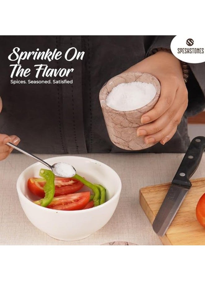 Marble Salt Cellar With Spoon 3'' Inches Marinara Handmade Salt Holder With Lid Kitchen Storage Accessories - Salt Container & Sugar Bowl, Spice Seasoning Containers for Kitchen Countertop