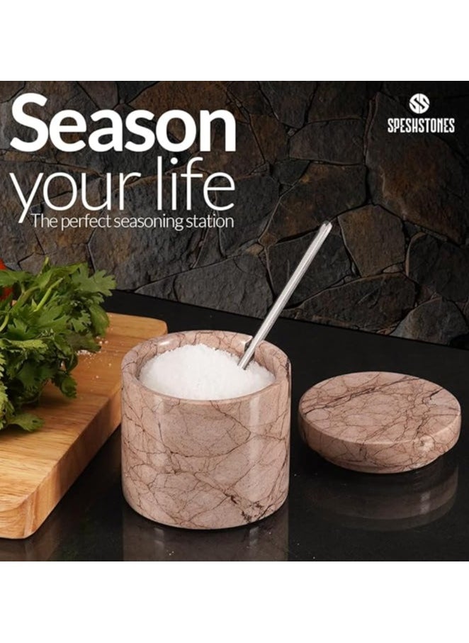 Marble Salt Cellar With Spoon 3'' Inches Marinara Handmade Salt Holder With Lid Kitchen Storage Accessories - Salt Container & Sugar Bowl, Spice Seasoning Containers for Kitchen Countertop
