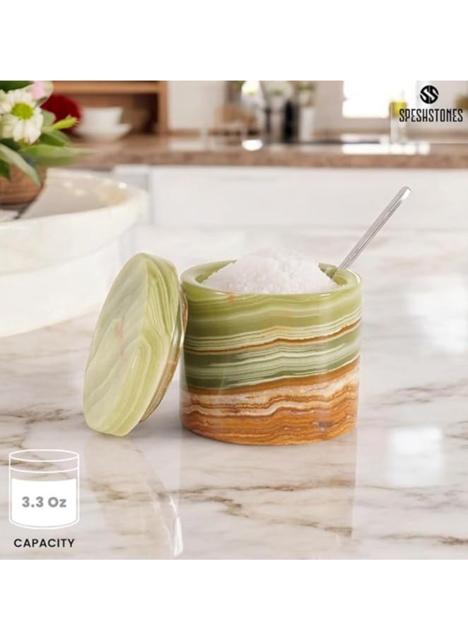 Marble Salt Cellar With Lid And Spoon 3'' Inches Green Handmade Seasoning Containers For Kitchen Countertop - Spice Container & Sugar Bowl, Salt Dispenser for Vintage Kitchen Decor