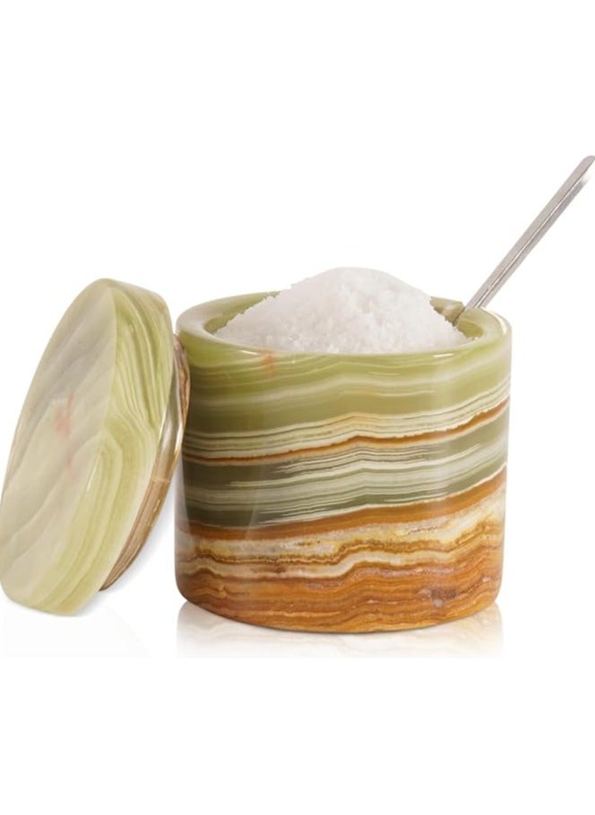 Marble Salt Cellar With Lid And Spoon 3'' Inches Green Handmade Seasoning Containers For Kitchen Countertop - Spice Container & Sugar Bowl, Salt Dispenser for Vintage Kitchen Decor