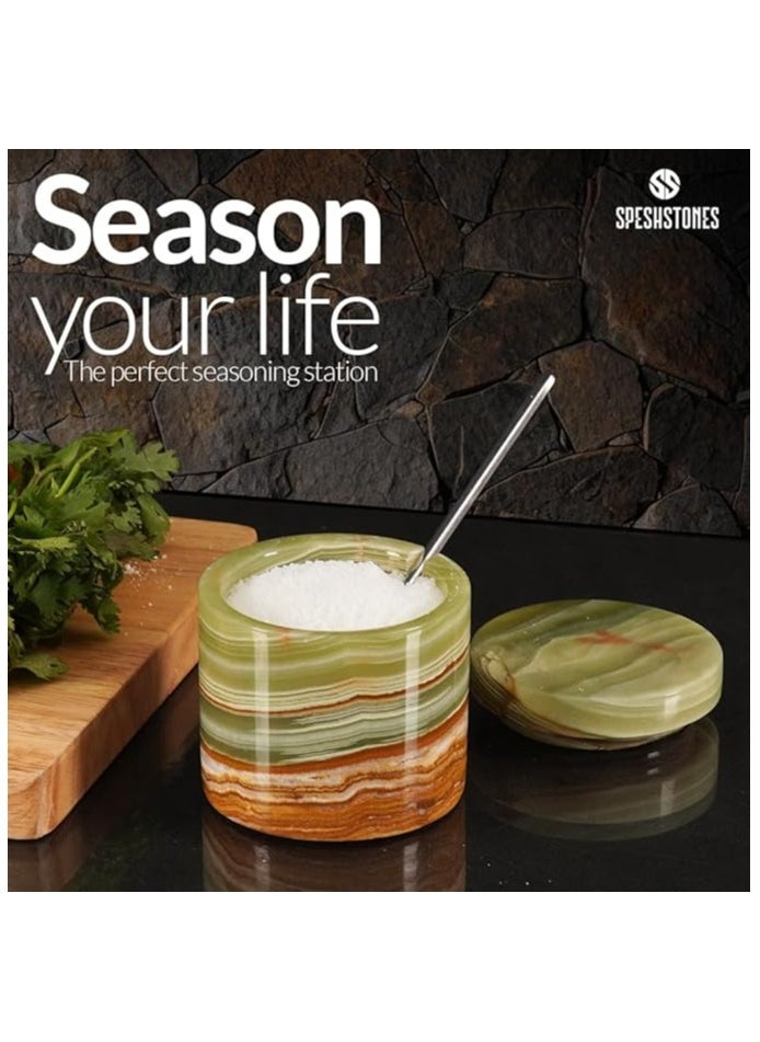 Marble Salt Cellar With Lid And Spoon 3'' Inches Green Handmade Seasoning Containers For Kitchen Countertop - Spice Container & Sugar Bowl, Salt Dispenser for Vintage Kitchen Decor
