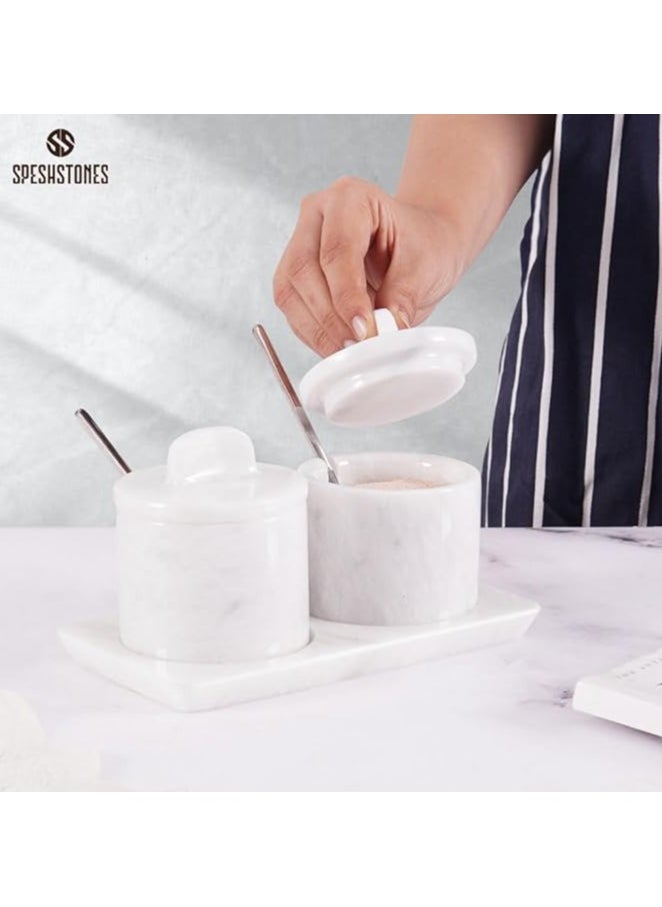 Marble Salt Cellar With Lid and tray 3'' Inches White Handmade Salt Storage Box with Lid - Salt Bowl, Sugar Container, Seasoning Container For Vintage Kitchen Decor