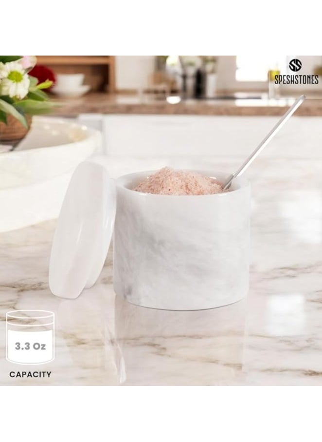 Marble Salt Cellar With Lid And Spoon 3'' Inches White Salt Container Handmade Spice Seasoning Containers For Kitchen Storage Accessories - Salt Box & Ideal Sugar Bowl, Flaky Salt Cellar