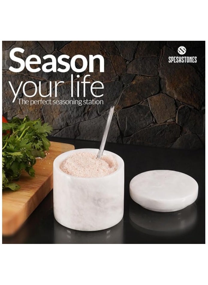 Marble Salt Cellar With Lid And Spoon 3'' Inches White Salt Container Handmade Spice Seasoning Containers For Kitchen Storage Accessories - Salt Box & Ideal Sugar Bowl, Flaky Salt Cellar