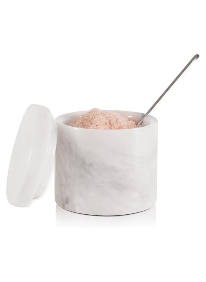 Marble Salt Cellar With Lid And Spoon 3'' Inches White Salt Container Handmade Spice Seasoning Containers For Kitchen Storage Accessories - Salt Box & Ideal Sugar Bowl, Flaky Salt Cellar
