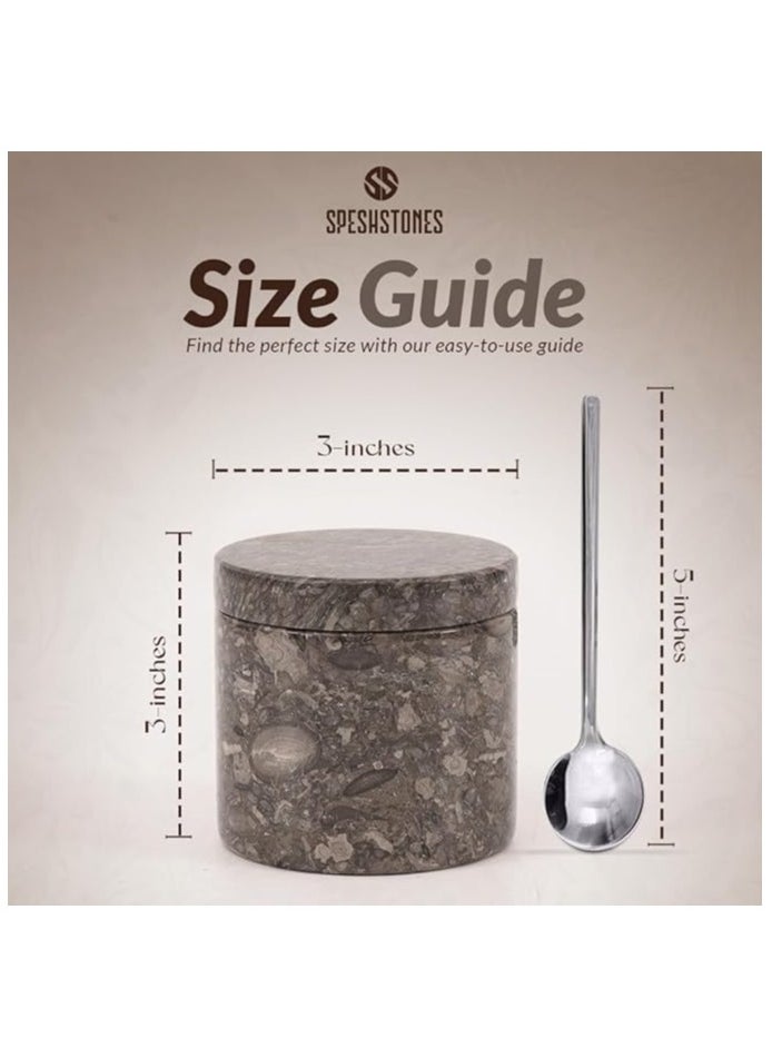 Marble Salt Cellar With Spoon 3'' Inches Oceanic Handmade Decorative Salt Containers - Salt Pepper Bowls, Seasoning Spice Conatiners, Ideal Brown Sugar Container for kitchen and home decor