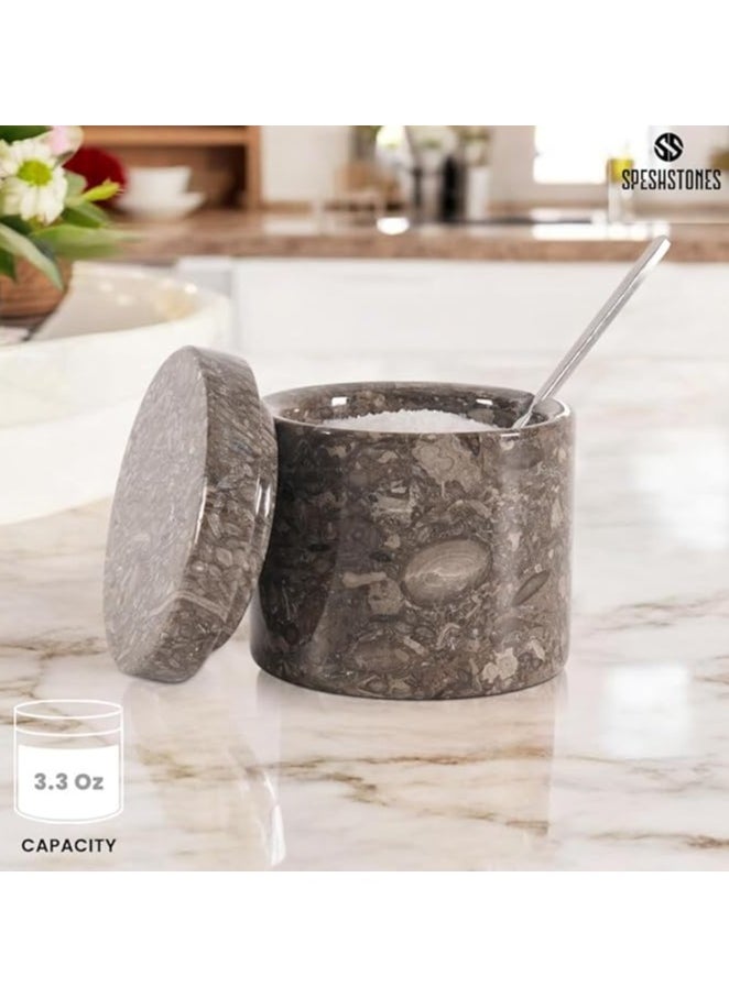 Marble Salt Cellar With Spoon 3'' Inches Oceanic Handmade Decorative Salt Containers - Salt Pepper Bowls, Seasoning Spice Conatiners, Ideal Brown Sugar Container for kitchen and home decor