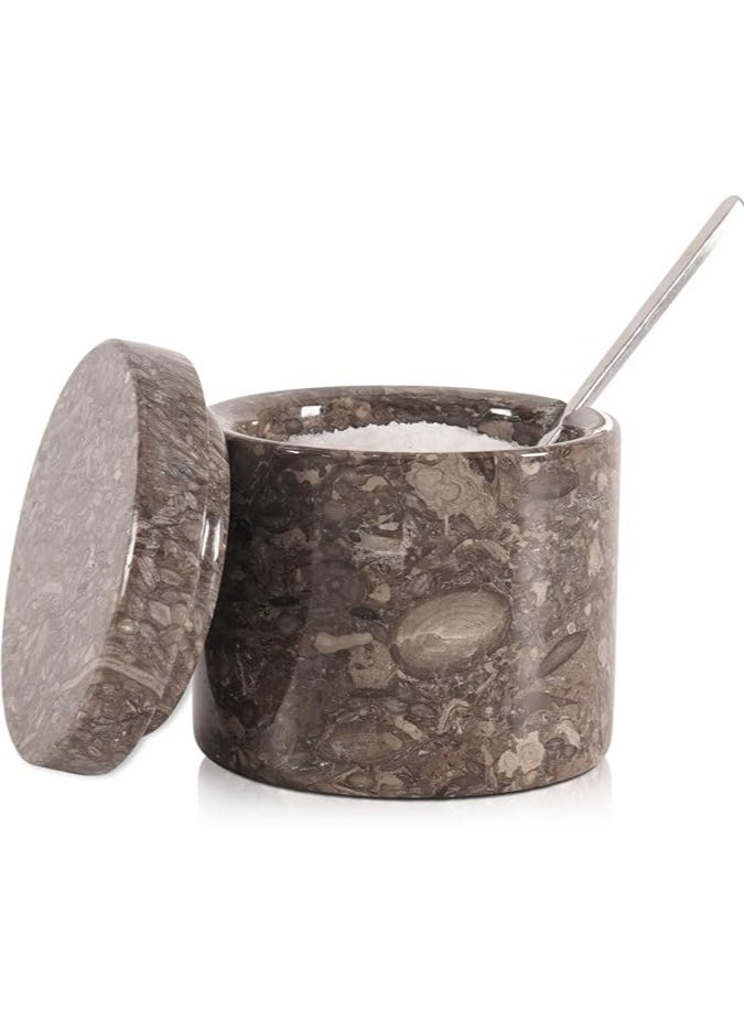 Marble Salt Cellar With Spoon 3'' Inches Oceanic Handmade Decorative Salt Containers - Salt Pepper Bowls, Seasoning Spice Conatiners, Ideal Brown Sugar Container for kitchen and home decor