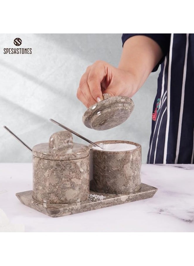 Marble Salt Cellar With Lid and tray 3'' Inches Oceanic Handmade Salt Storage Box with Lid - Salt Bowl, Sugar Container, Seasoning Container For Vintage Kitchen Decor