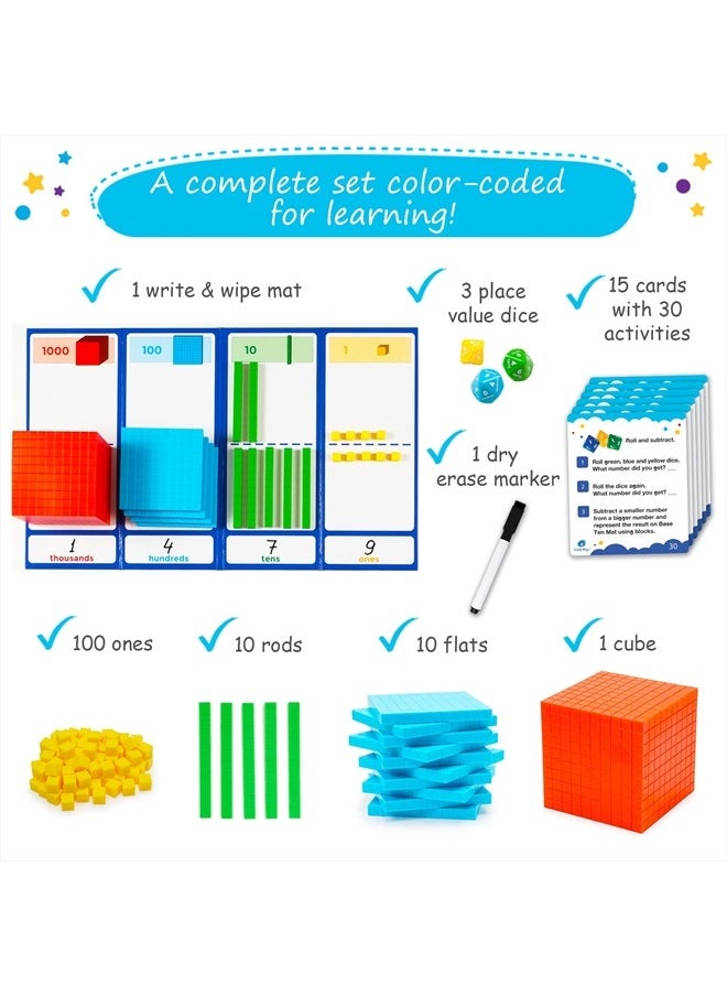 140+1 PCS Colorful Base Ten Blocks & Activities Set - Base Ten Blocks Classroom Set, Base 10 Math Manipulatives, Place Value Blocks Mat, Ones Tens Hundreds Blocks, Math Counters Cubes