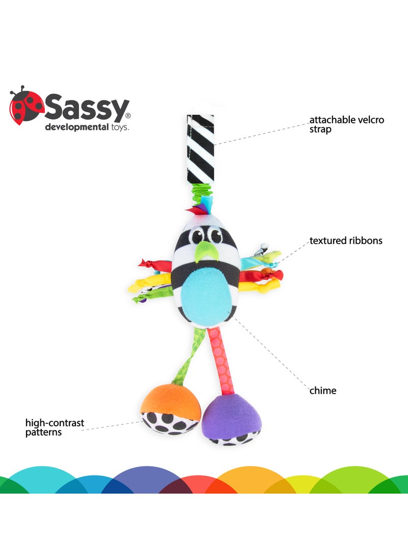 Sassy Boppin' Birdie Sensory Toy – High Contrast, Chime Sound, BPA-Free, No Paint, Tactile Ribbons, Clip-On for Strollers & Car Seats – Developmental Toy for Babies 0M+