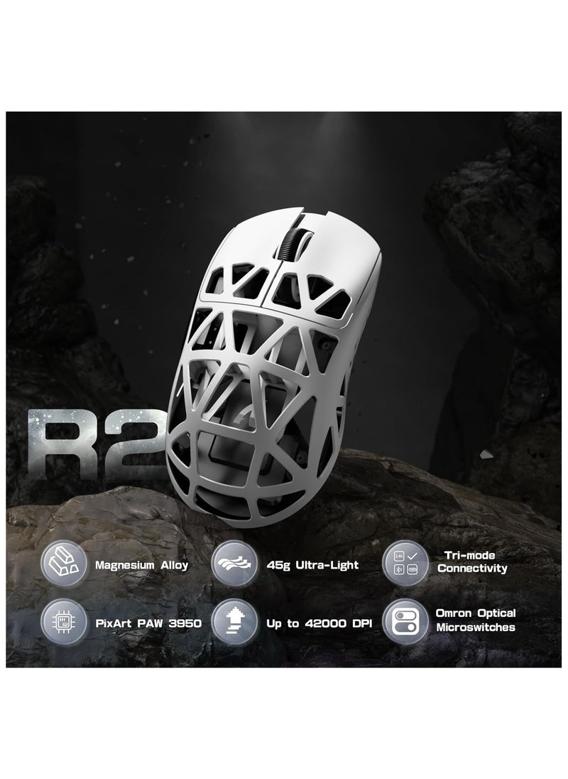 Attack Shark R2 Wireless Gaming Mouse, Superlight Magnesium Alloy, PAW3950 42000 DPI Optical Sensor, 8000Hz Polling Rate, 2.4G/BT/Wired Programmable Mice for Win Mac Gamer (White)