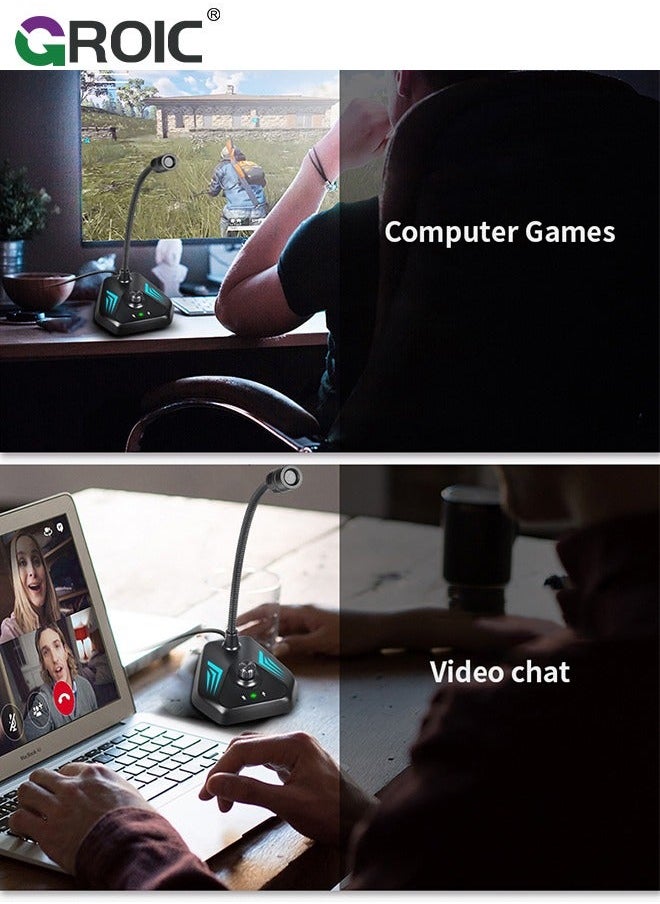 USB Computer Microphone, Microphone with Adjustable Gooseneck, Plug and Play RGB Gaming Compatible PC, Laptop, Desktop