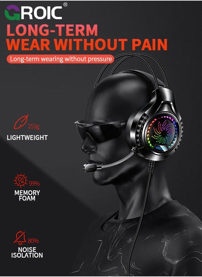 Black Wired Gaming Headset Headphones Portable Rotating Microphone 20-20KHz Net Bar Listening Music Game Head-mounted Earphone with Sound Card