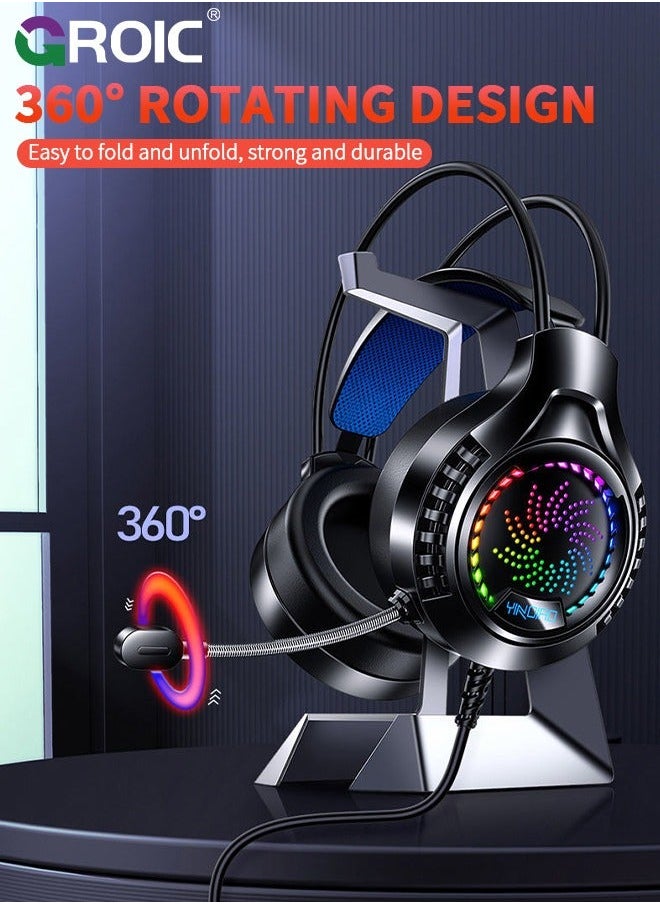 Black Wired Gaming Headset Headphones Portable Rotating Microphone 20-20KHz Net Bar Listening Music Game Head-mounted Earphone with Sound Card