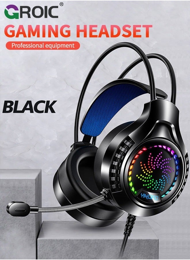 Black Wired Gaming Headset Headphones Portable Rotating Microphone 20-20KHz Net Bar Listening Music Game Head-mounted Earphone with Sound Card
