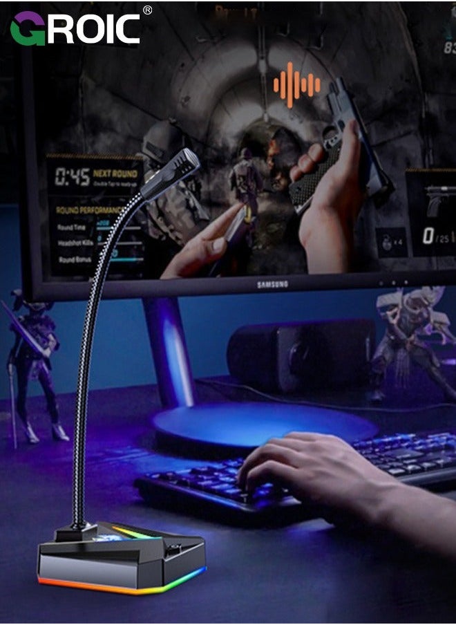 USB Computer Microphone - with RGB Rainbow for PC Laptop Desktop Mac PS4, Play & Plug Gooseneck Mic Recording Gaming, Vocal, Dictation