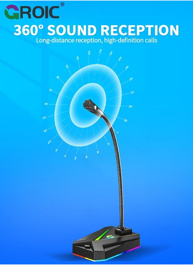 USB Computer Microphone - with RGB Rainbow for PC Laptop Desktop Mac PS4, Play & Plug Gooseneck Mic Recording Gaming, Vocal, Dictation