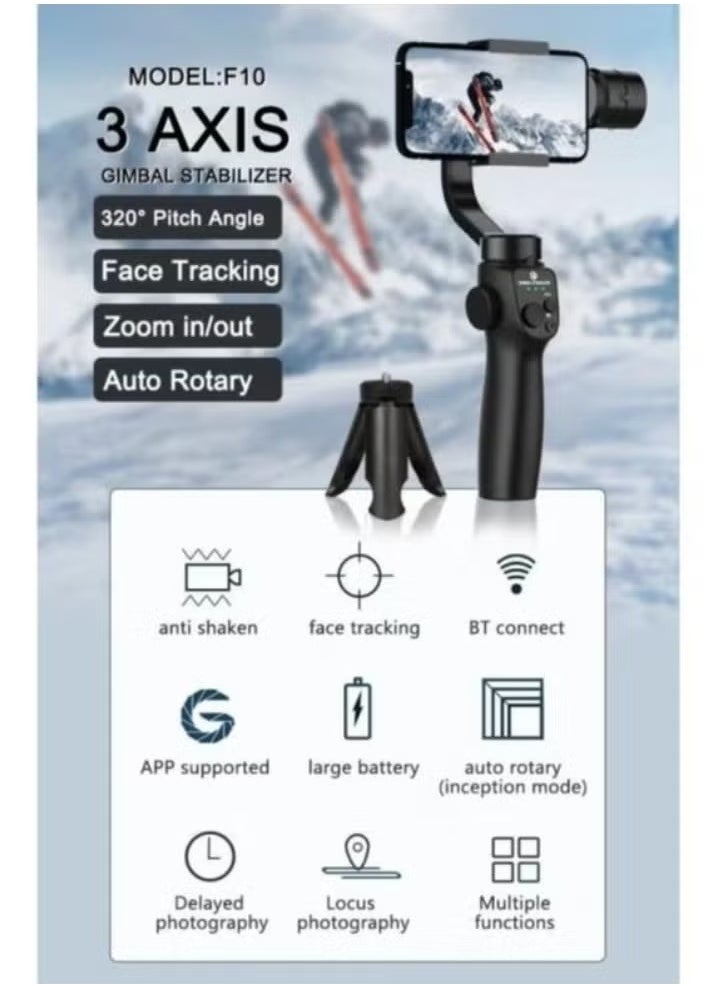 Gimbal F10 3-Axis Stabilizer Tripod for Smartphone – Smooth Video Recording, Easy Setup, Professional Stability, Adjustable Angles, Built-In Bluetooth, Perfect for Vlogging, Live Streaming, and Photography