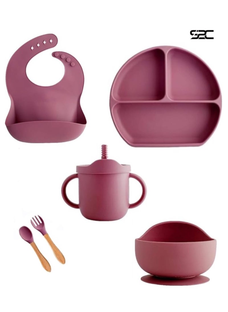 S2C 6 Pcs Silicone Baby Feeding Set, Baby Led Weaning Set, Feeding Supplies for Toddlers New Born Baby Gift Set, Suction Silicone Baby Plate with Divider,Baby Feeder,Bib,Spoon (PINK)
