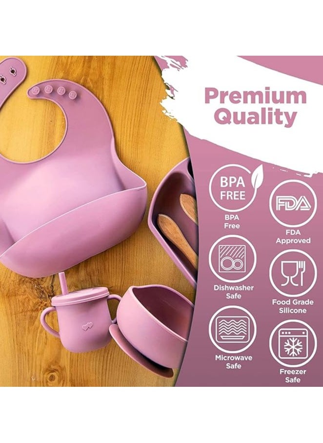 S2C 6 Pcs Silicone Baby Feeding Set, Baby Led Weaning Set, Feeding Supplies for Toddlers New Born Baby Gift Set, Suction Silicone Baby Plate with Divider,Baby Feeder,Bib,Spoon (PINK)
