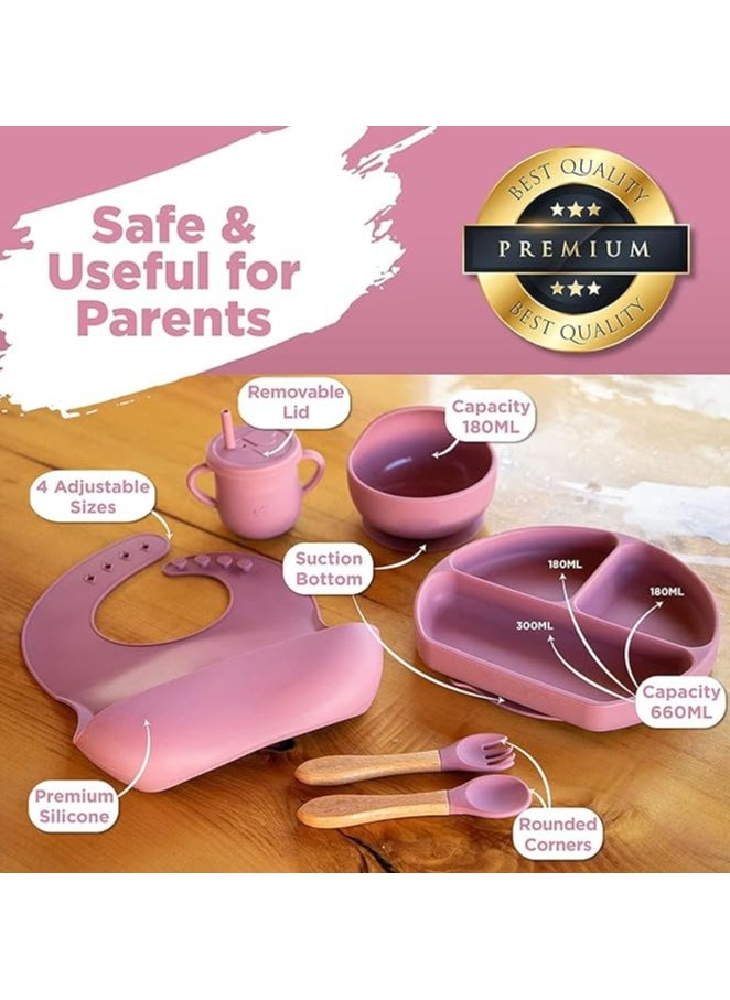 S2C 6 Pcs Silicone Baby Feeding Set, Baby Led Weaning Set, Feeding Supplies for Toddlers New Born Baby Gift Set, Suction Silicone Baby Plate with Divider,Baby Feeder,Bib,Spoon (PINK)