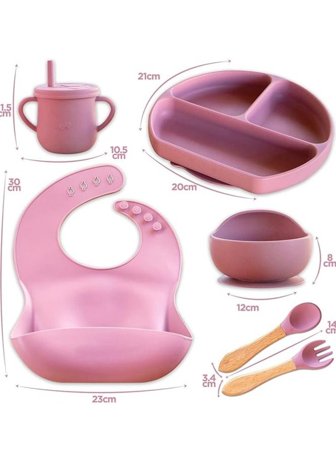 S2C 6 Pcs Silicone Baby Feeding Set, Baby Led Weaning Set, Feeding Supplies for Toddlers New Born Baby Gift Set, Suction Silicone Baby Plate with Divider,Baby Feeder,Bib,Spoon (PINK)