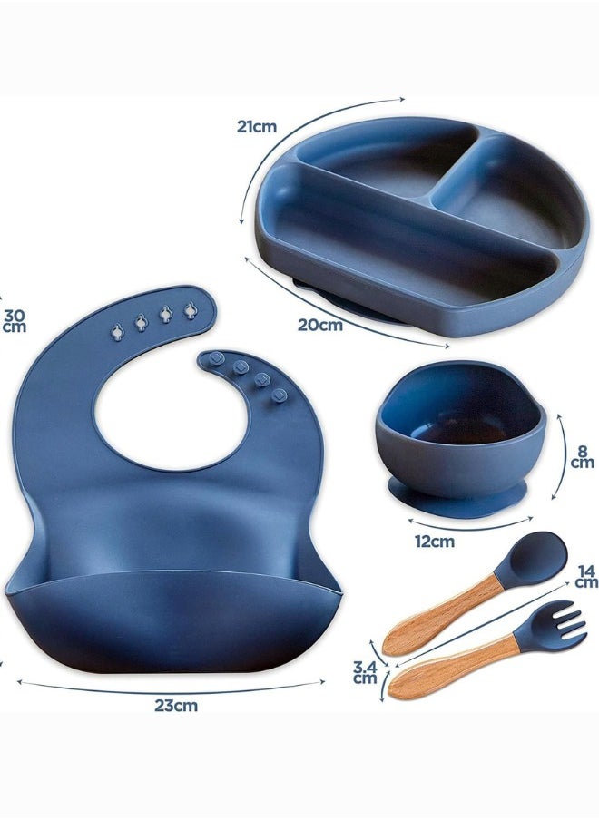 5 Pcs Silicone Baby Feeding Set, Baby Led Weaning Set, Feeding Supplies for Toddlers New Born Baby Gift Set, Suction Silicone Baby Plate with Divider,Baby Feeder,Bib,Spoon