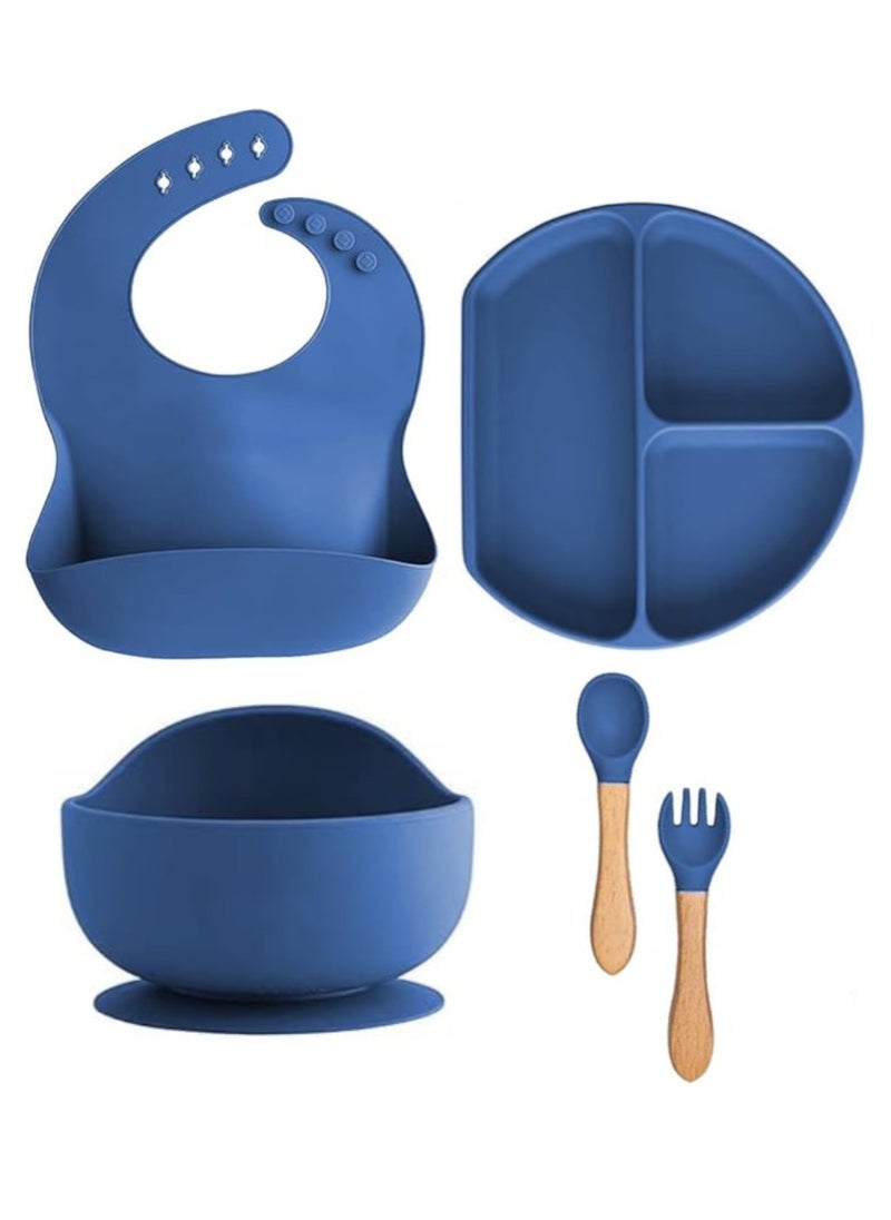 5 Pcs Silicone Baby Feeding Set, Baby Led Weaning Set, Feeding Supplies for Toddlers New Born Baby Gift Set, Suction Silicone Baby Plate with Divider,Baby Feeder,Bib,Spoon
