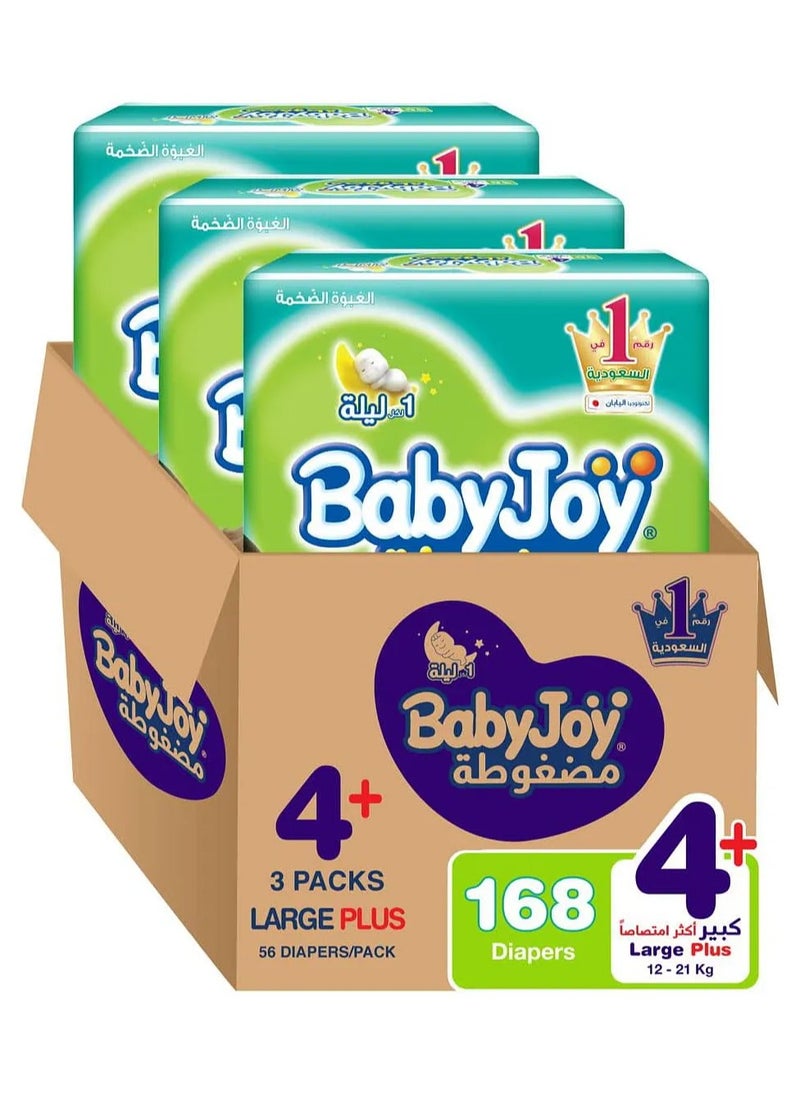 BabyJoy Compressed Diamond Pad Tape Style Diapers Size 4+ Mega Pack, 168 Pieces, 12-21kg, 12-Hour Dryness