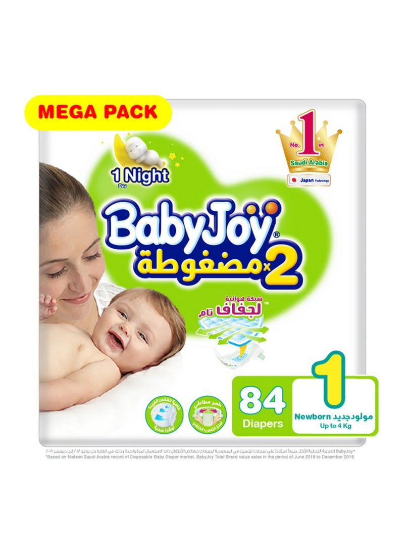 BabyJoy Compressed Diamond Pad Tape Style Diapers, 84 Pieces Mega Pack, Size 1 Newborn, 0 to 4kg - 12Hrs Leakage Protection, Cottony Soft, Waist Stretch, Breathable