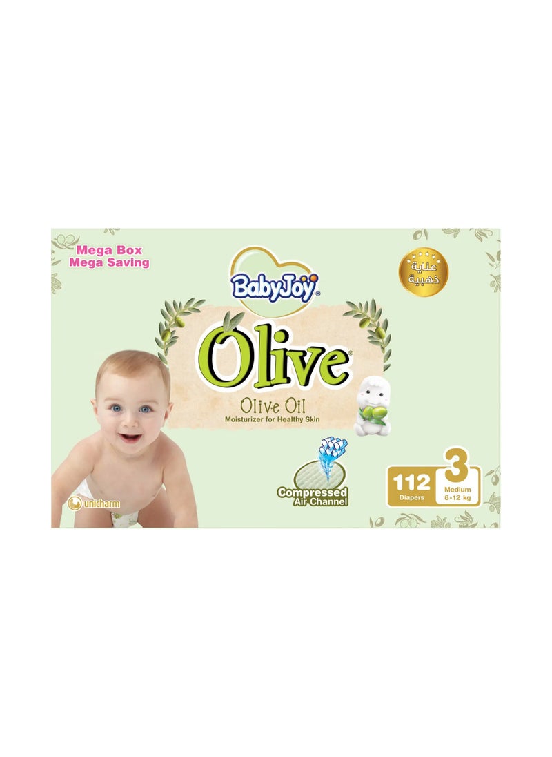 BabyJoy Olive Tape Style Diapers, 56 Pieces, Medium Size 3 Mega Box, 6-12kg - Gentle Olive Moisturising, Breathable, Compressed Air Channel