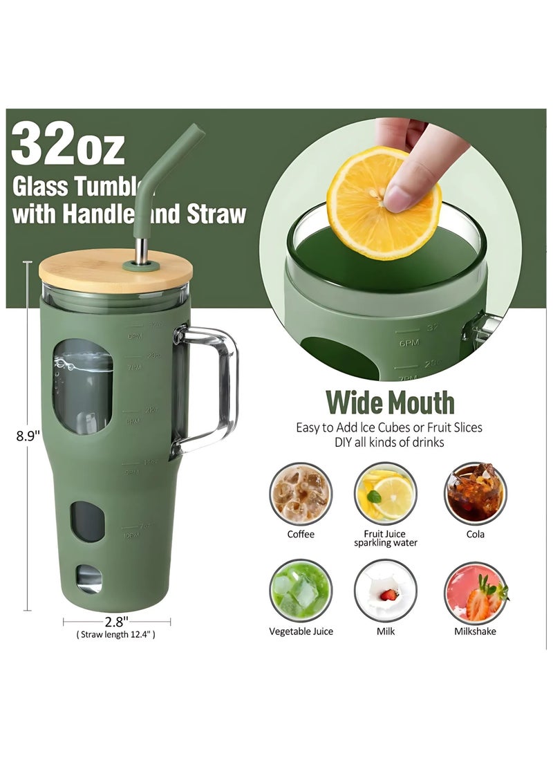 Glass Travel Mug with Bamboo Lid, 32 oz, Borosilicate Glass, Silicone Sleeve, Stainless Steel Straw, With Brush, Fits in Cup Holder BPA Free