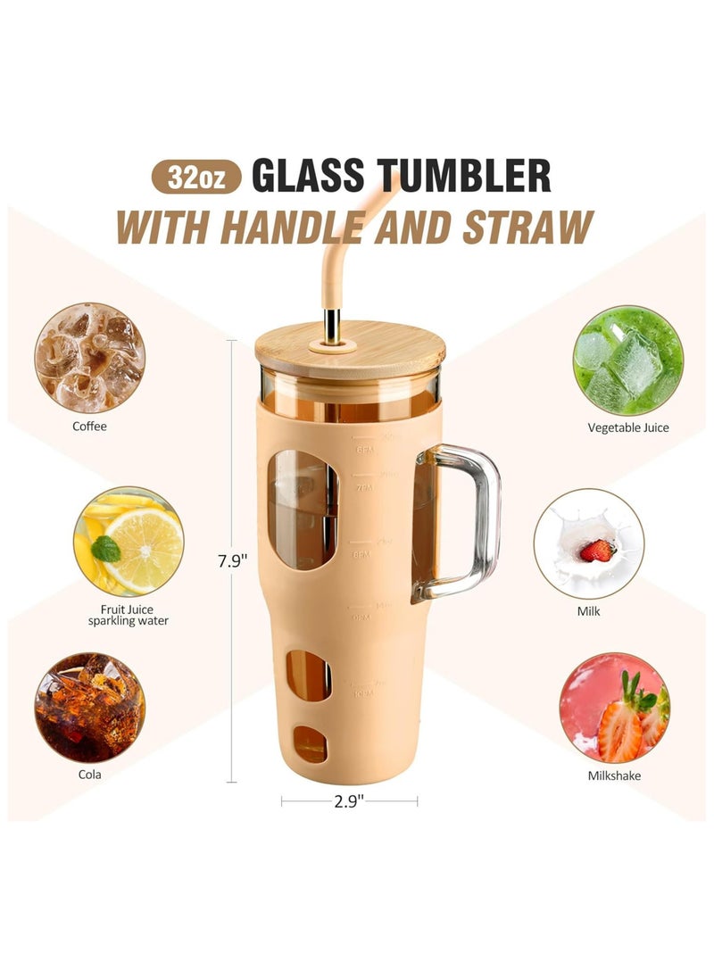 Glass Travel Mug with Bamboo Lid, 32 oz, Borosilicate Glass, Silicone Sleeve, Stainless Steel Straw, With Brush, Fits in Cup Holder BPA Free