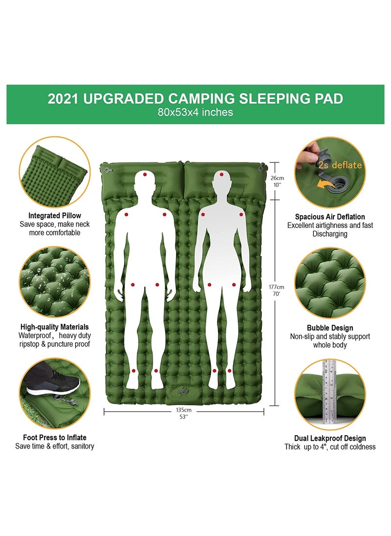 Double Sleeping Pad for Camping Inflatable 2 Person Sleeping Mat with Built-in Pump, Foot Press Ultralight Extra Thick Camping Mat with Pillow for Backpacking, Traveling, Hiking, Durable and Waterpr