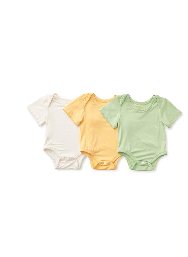 Set of 3 Organic Bamboo Spandex Bodysuit- Gift Set - Light Mint/Lemon/ White 0-3M