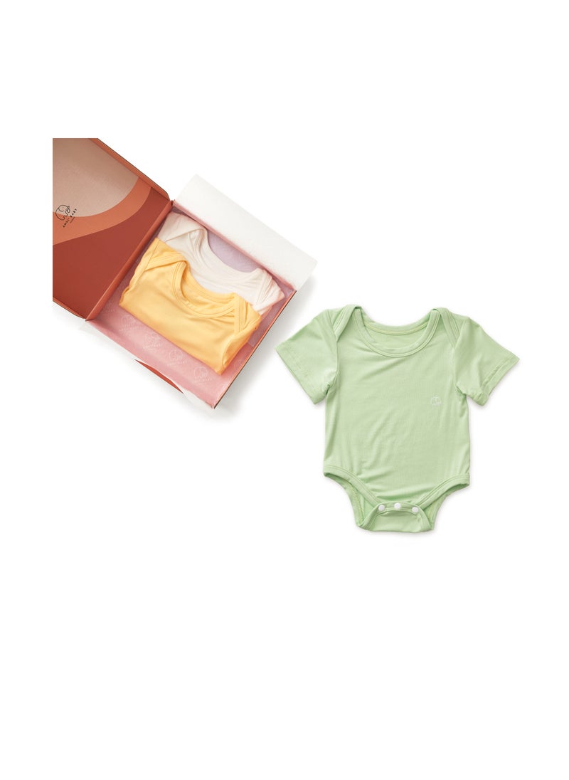 Set of 3 Organic Bamboo Spandex Bodysuit- Gift Set - Light Mint/Lemon/ White 0-3M