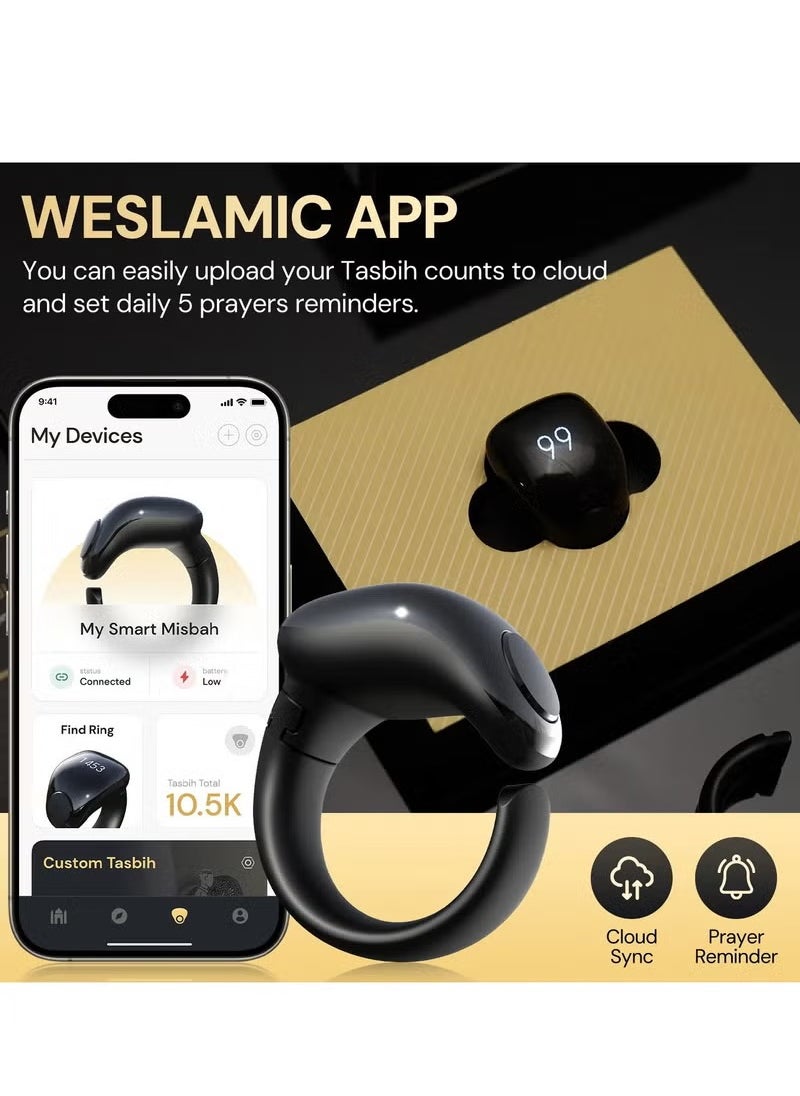 Smart Tasbih Counter Zikr Ring – Digital Tasbeeh Counter with OLED Display, App Support, Magnetic Charging, Waterproof Design, Prayer Reminder, Sleek Black – Modern Islamic Gadget for Daily Zikr & Prayer Tracking (20mm & 22mm)