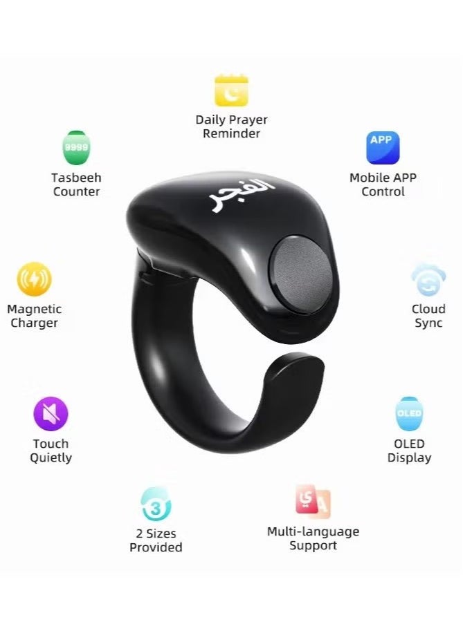 Smart Tasbih Counter Zikr Ring – Digital Tasbeeh Counter with OLED Display, App Support, Magnetic Charging, Waterproof Design, Prayer Reminder, Sleek Black – Modern Islamic Gadget for Daily Zikr & Prayer Tracking (20mm & 22mm)