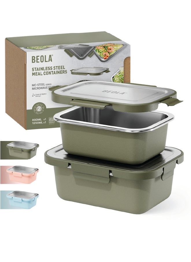 BEOLA Microwave Safe Stainless Steel Lunch Box, Set of 2pcs, MC-Steel™ 18/8 Premium BPA free Materials, Food Storage Container, Dishwasher Safe Meal Prep, Food Kitchen Box, 800/1250ml(Forest Green)