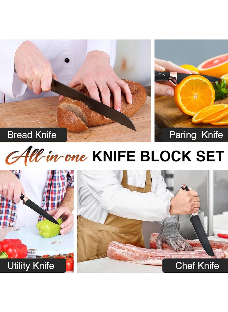 Kitchen Knife Sets, 9 Pieces Chef Knives Block Set with Acrylic Block, Sharp Non-Stick Coated Stainless Steel Knife Set with Sharpener for Cutting Meat Slicing Chopping