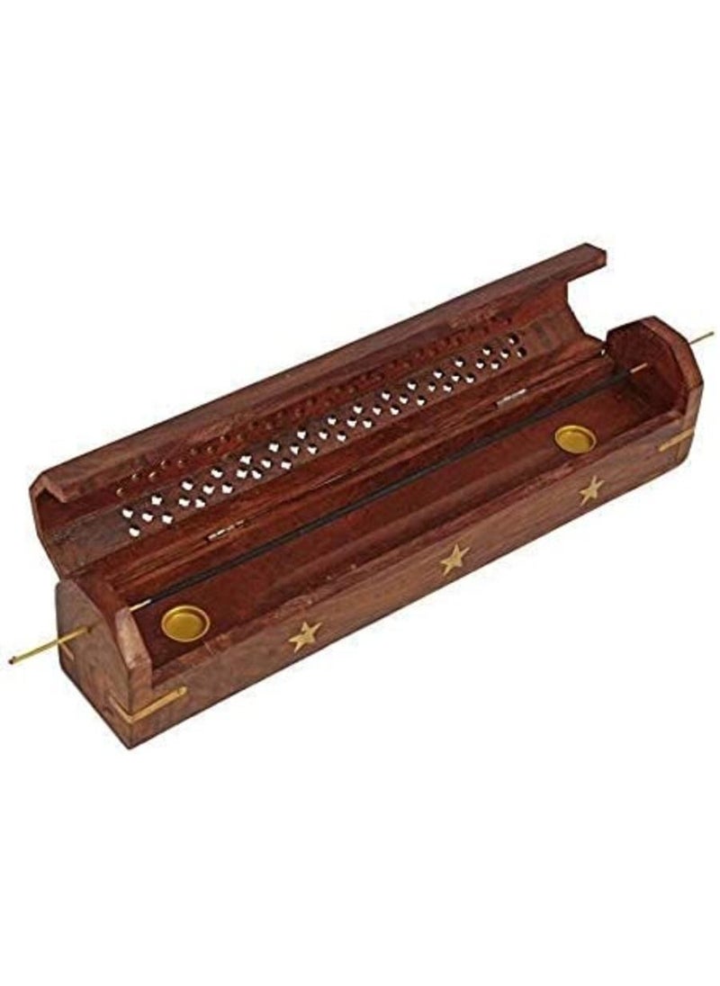 Wooden Hand Carved Coffin Incense Burner Brass Inlays & Storage Incense Holder 12 x 2 x 2 Inches