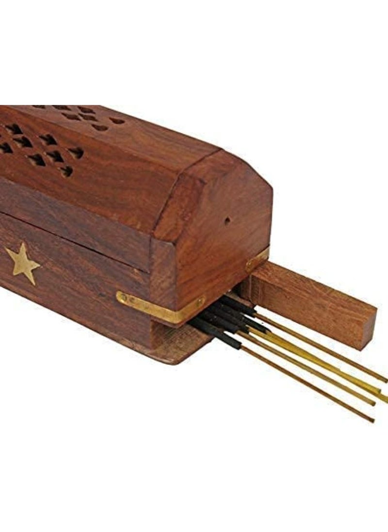 Wooden Hand Carved Coffin Incense Burner Brass Inlays & Storage Incense Holder 12 x 2 x 2 Inches