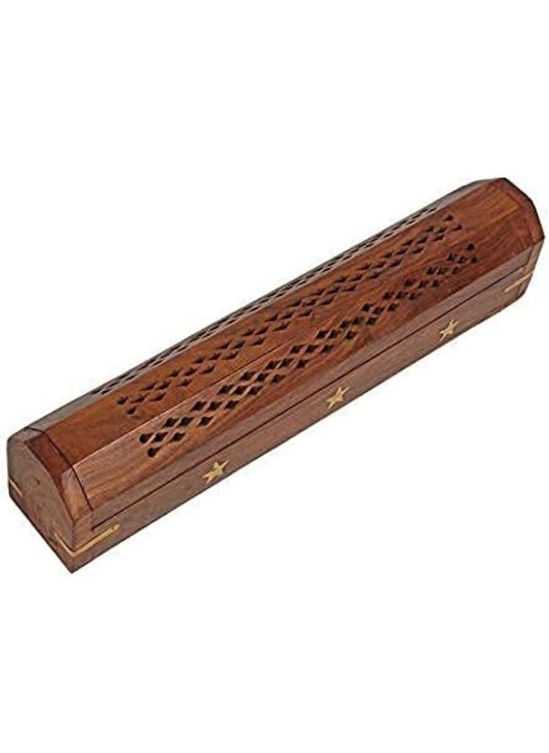 Wooden Hand Carved Coffin Incense Burner Brass Inlays & Storage Incense Holder 12 x 2 x 2 Inches