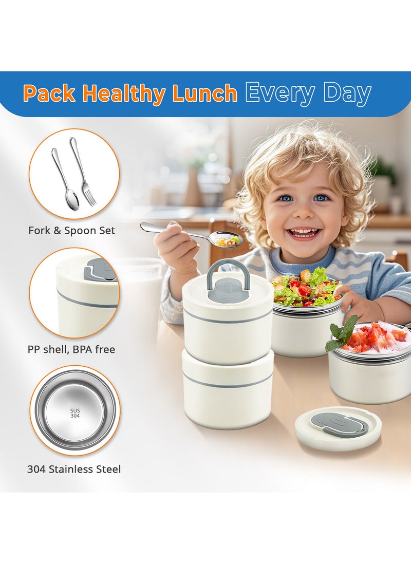 Adando Stainless Steel Lunch Box: 4 * 550ml Microwave-Safe Round Bento Box - 304 Stackable Insulated Leakproof, with Thermal Bag& Cutlery - for Adults Students Office School Picnic Camping (4 Pack)