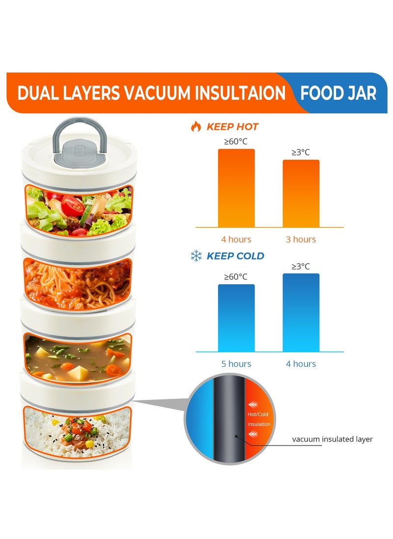 Adando Stainless Steel Lunch Box: 4 * 550ml Microwave-Safe Round Bento Box - 304 Stackable Insulated Leakproof, with Thermal Bag& Cutlery - for Adults Students Office School Picnic Camping (4 Pack)