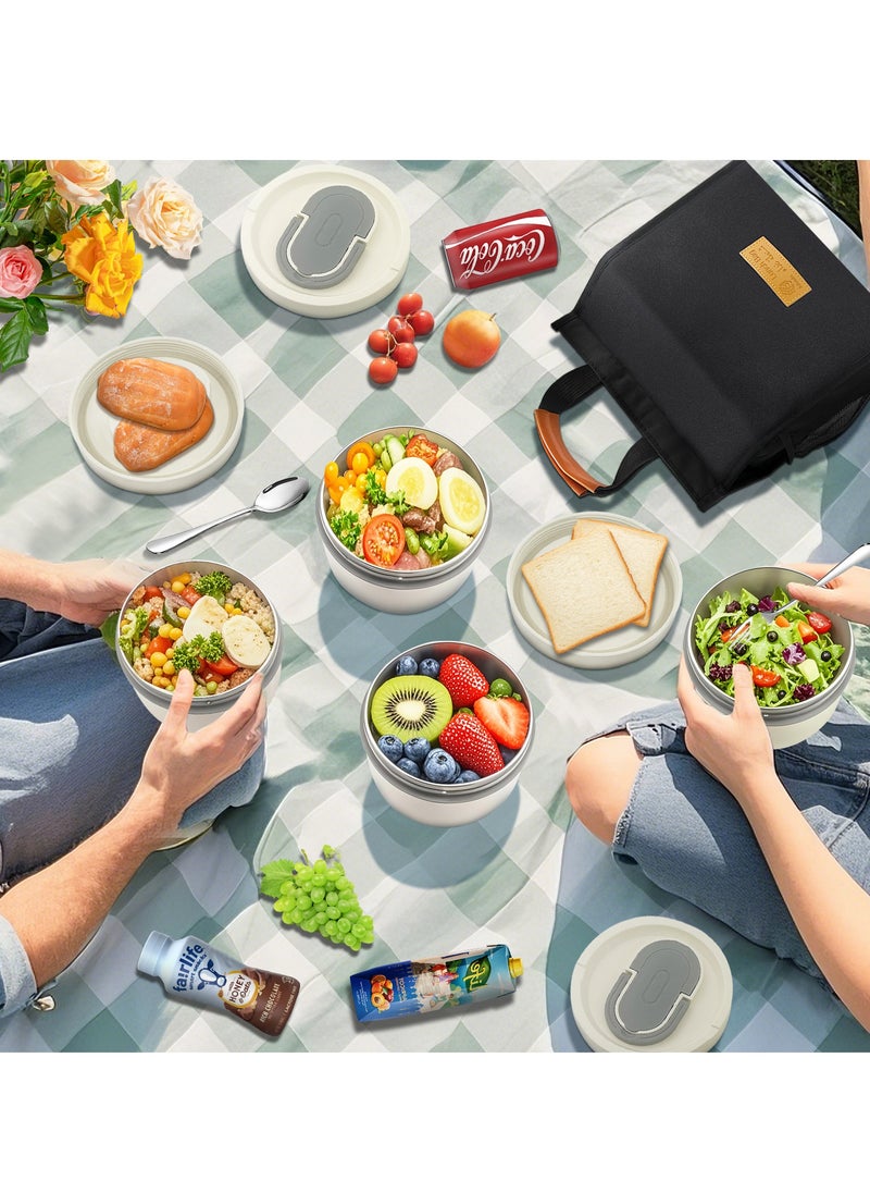 Adando Stainless Steel Lunch Box: 4 * 550ml Microwave-Safe Round Bento Box - 304 Stackable Insulated Leakproof, with Thermal Bag& Cutlery - for Adults Students Office School Picnic Camping (4 Pack)