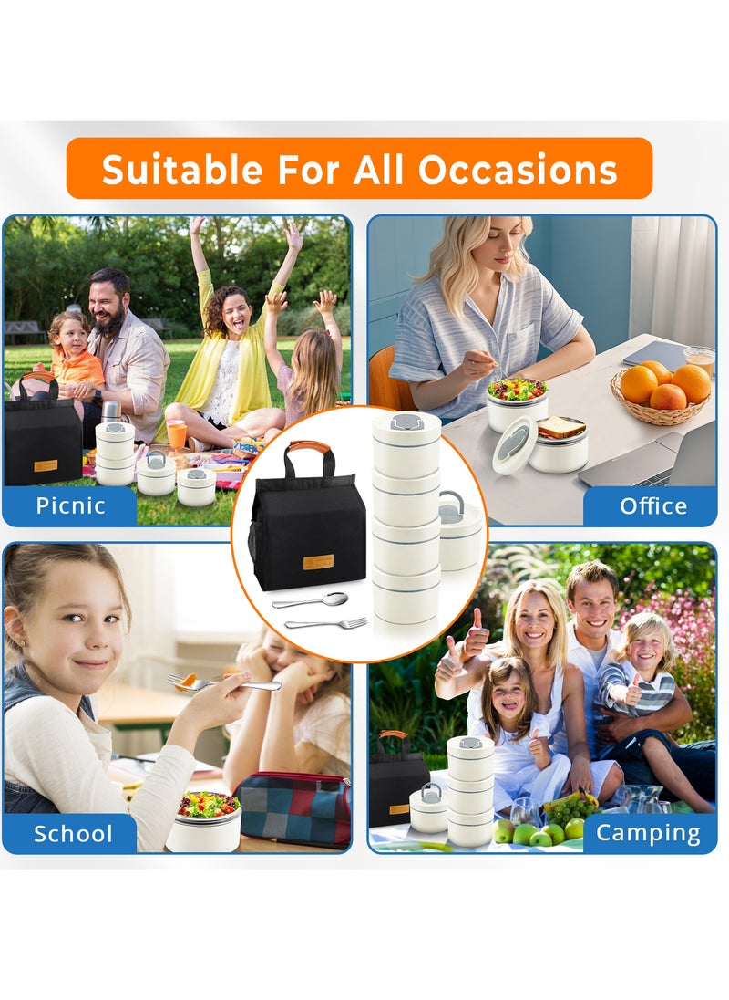 Adando Stainless Steel Lunch Box: 4 * 550ml Microwave-Safe Round Bento Box - 304 Stackable Insulated Leakproof, with Thermal Bag& Cutlery - for Adults Students Office School Picnic Camping (4 Pack)