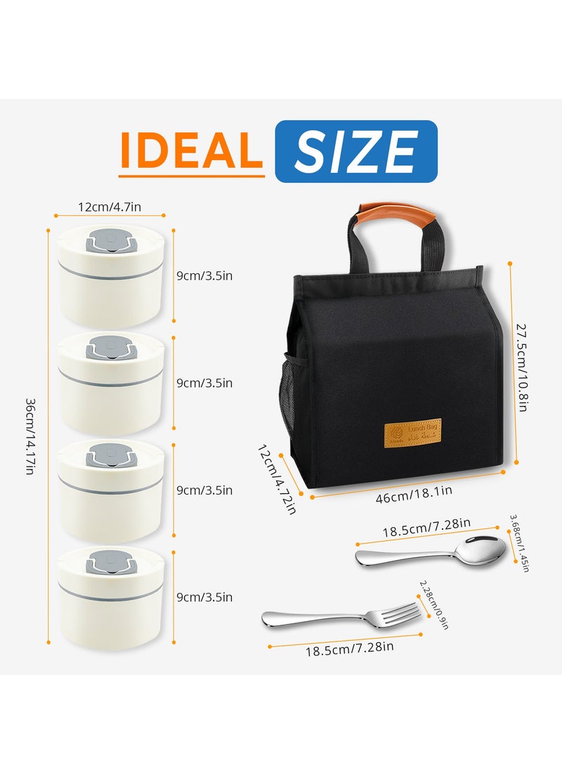 Adando Stainless Steel Lunch Box: 4 * 550ml Microwave-Safe Round Bento Box - 304 Stackable Insulated Leakproof, with Thermal Bag& Cutlery - for Adults Students Office School Picnic Camping (4 Pack)